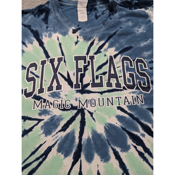 Vintage Six Flags Shirt Mens Large Blue Green White‎ Tie Dye Crew Gildan Heavy - Picture 3 of 9